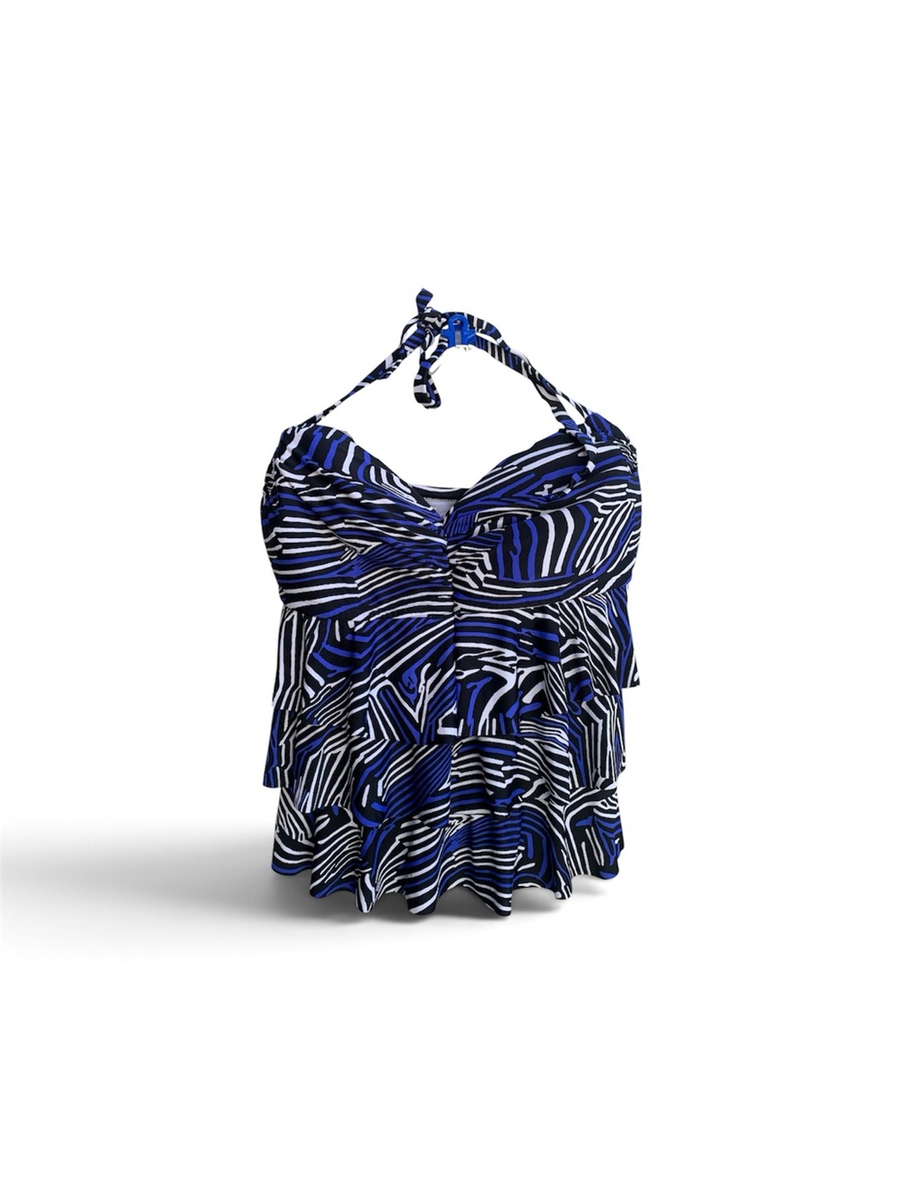 Blue Black White Printed Halter Tankini Top